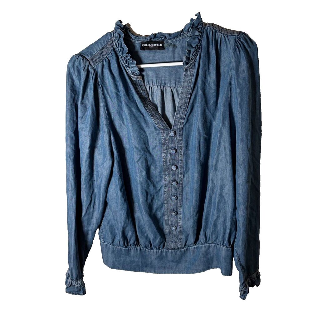 Karl Lagerfeld Blouse Women's S/M Blue Lyocell Button Blue Long Sleeve Top